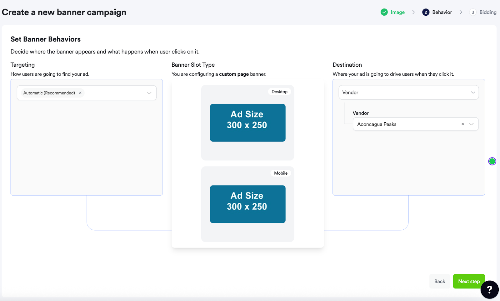 Screenshot of defining banner ads campaign behavior
