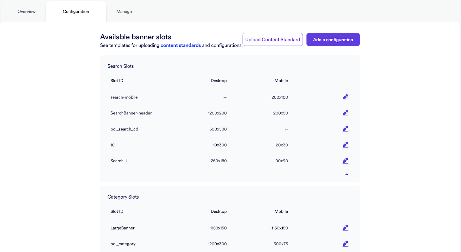 Configuration screen showing for banner slots.