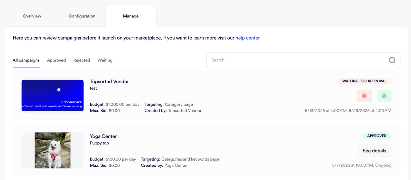 Screenshot of campaign management tab.