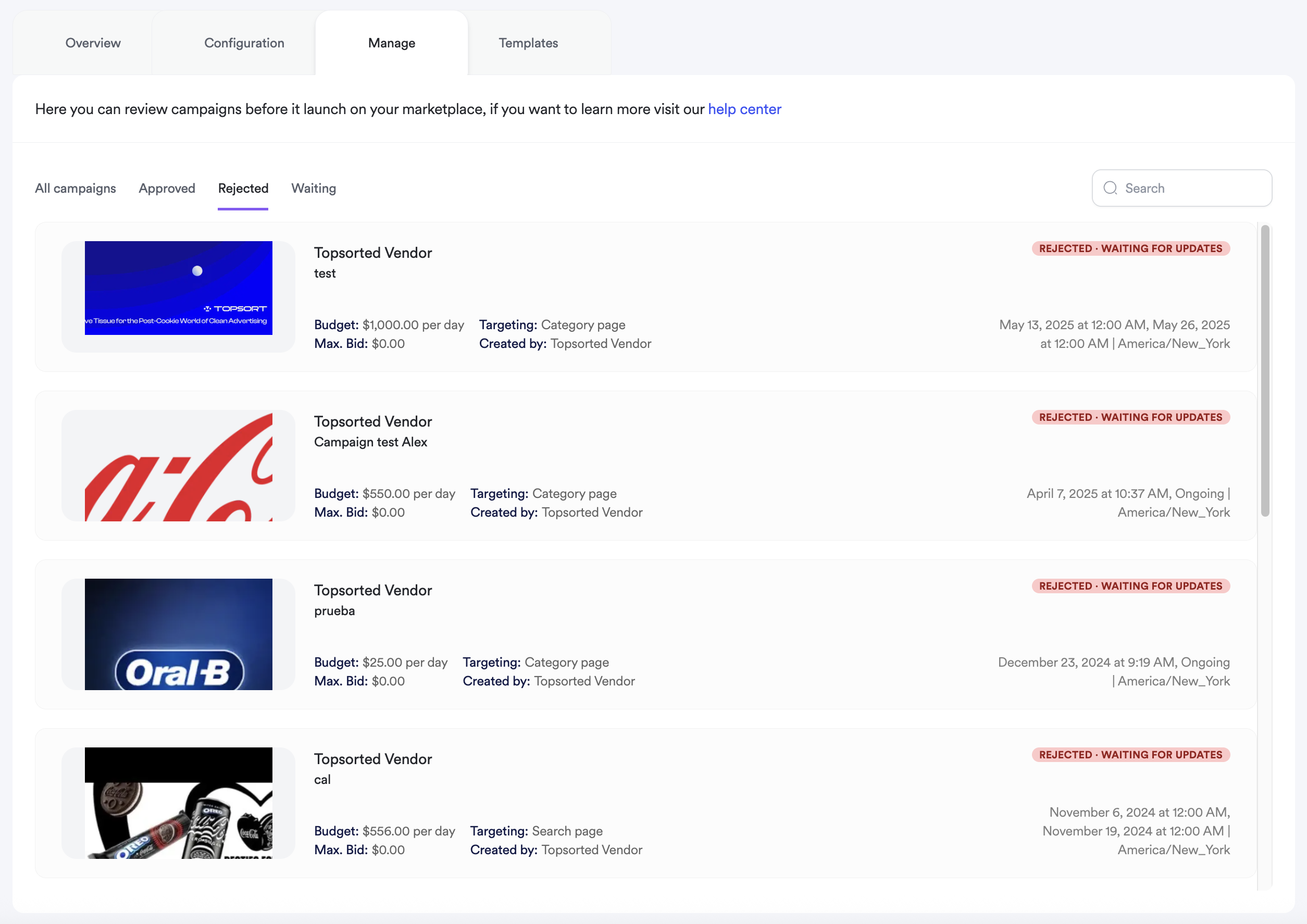Screenshot of campaign rejection status.