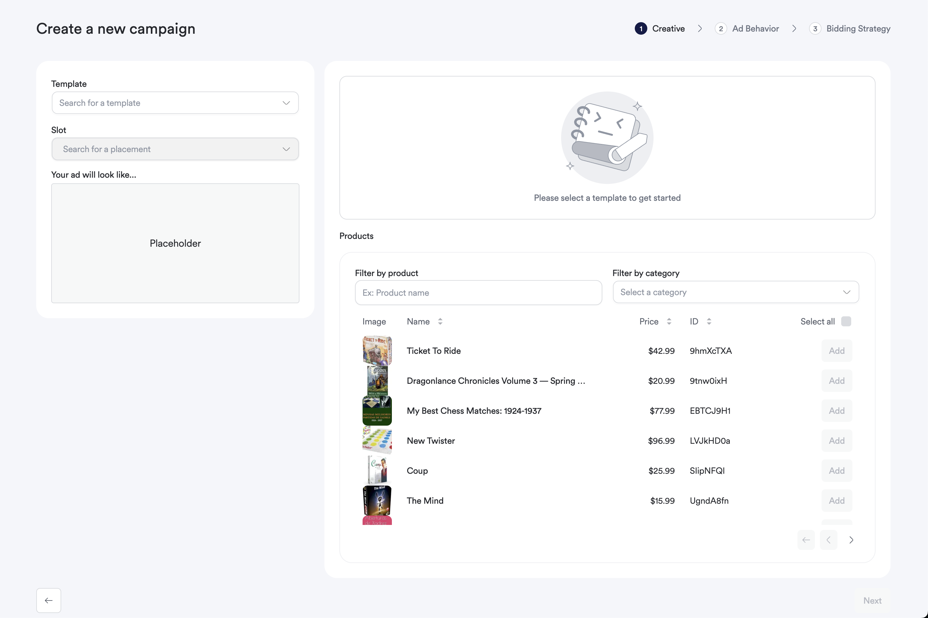 Screenshot of sponsored brands template selection