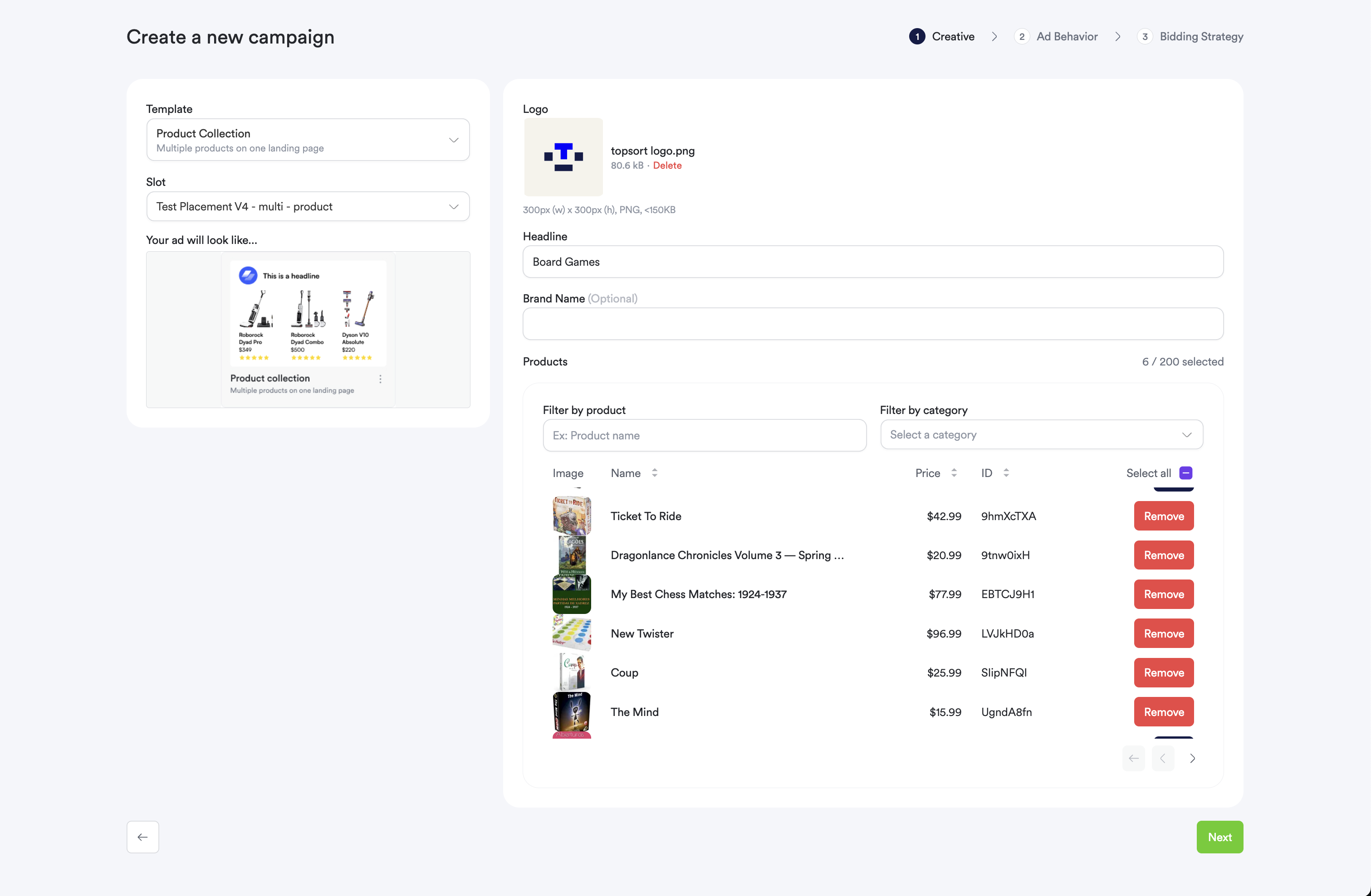 Screenshot of creative setup step
