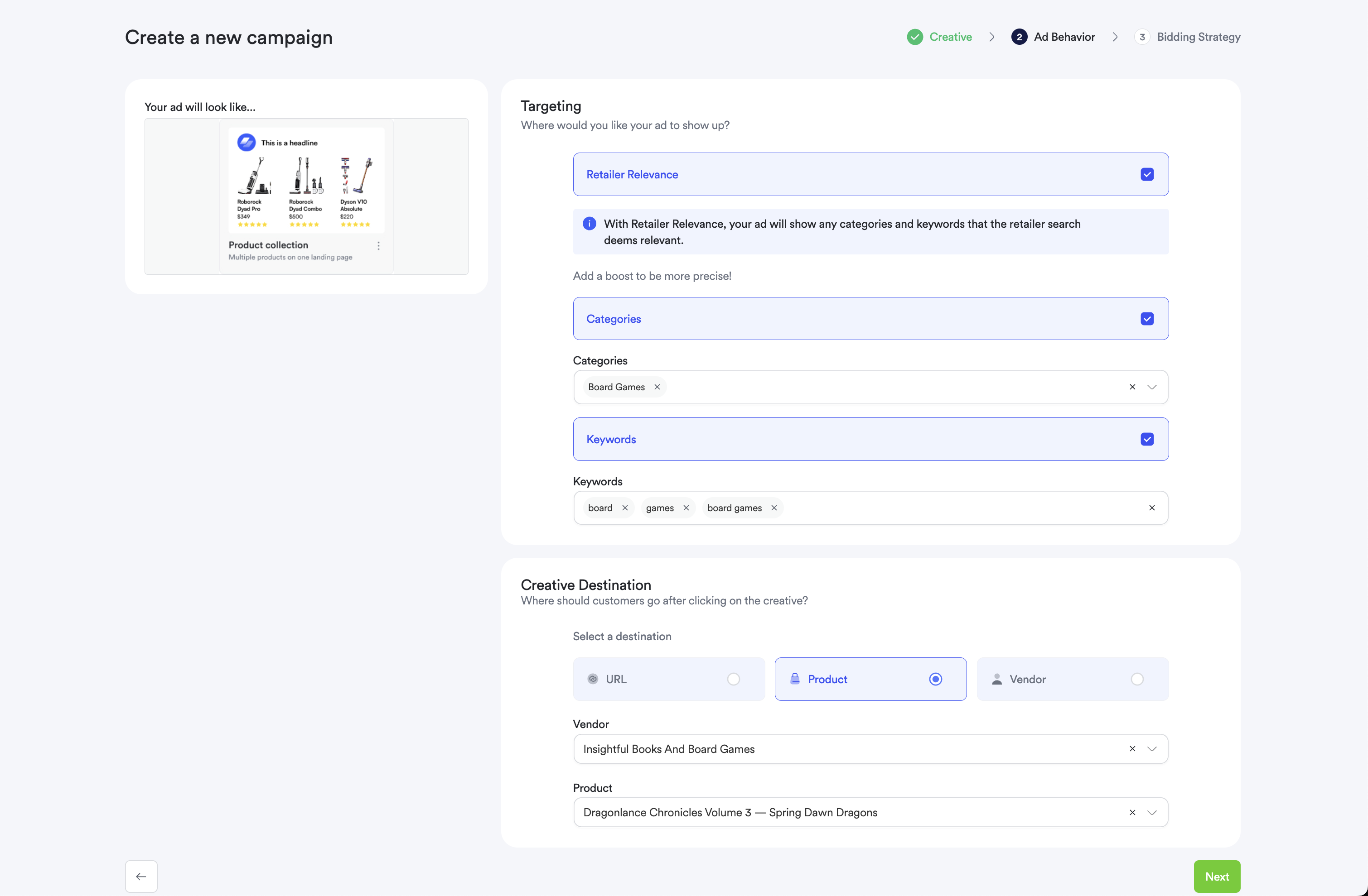 Screenshot of ad behavior configuration