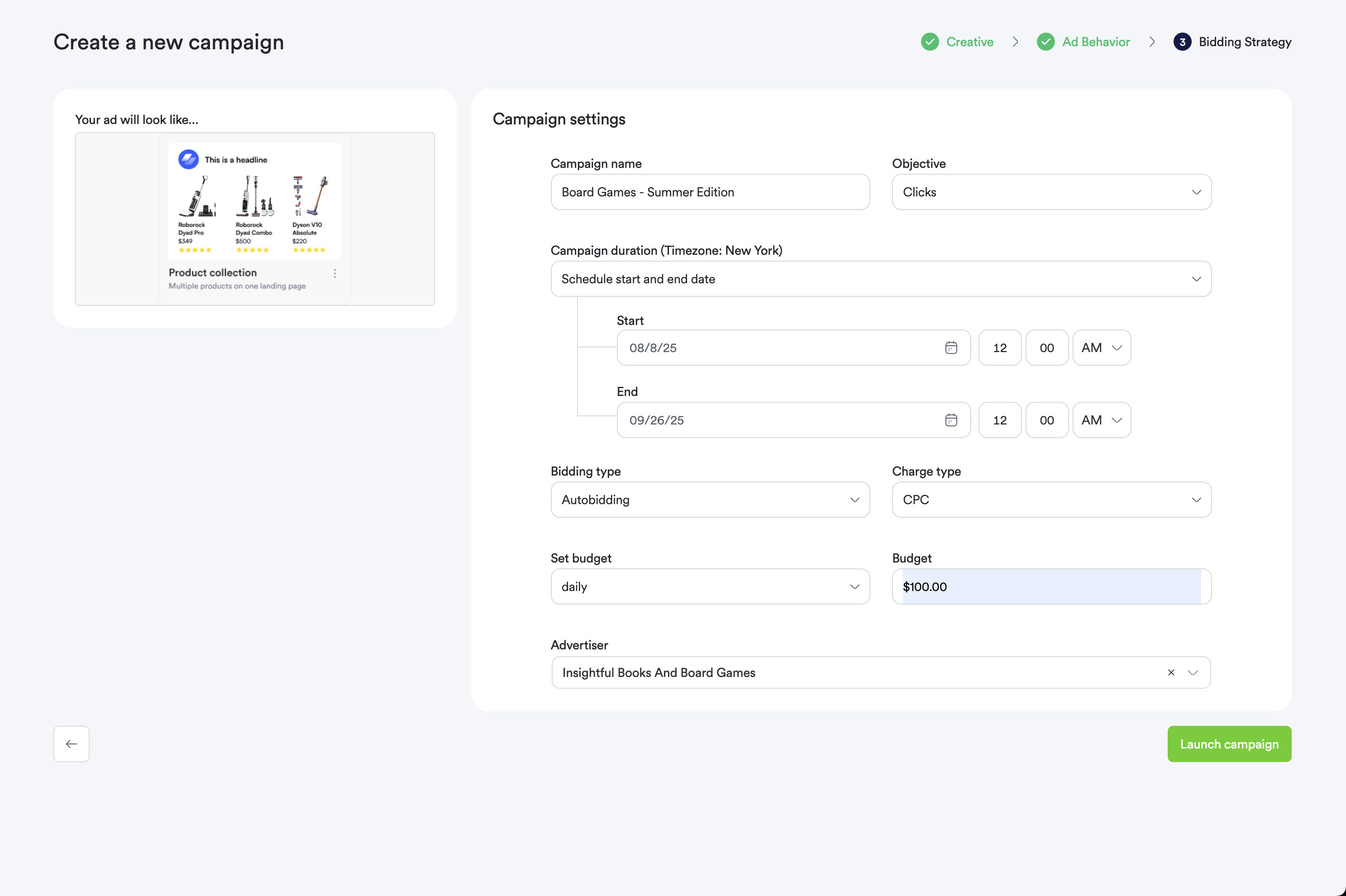 Screenshot of ad behavior configuration