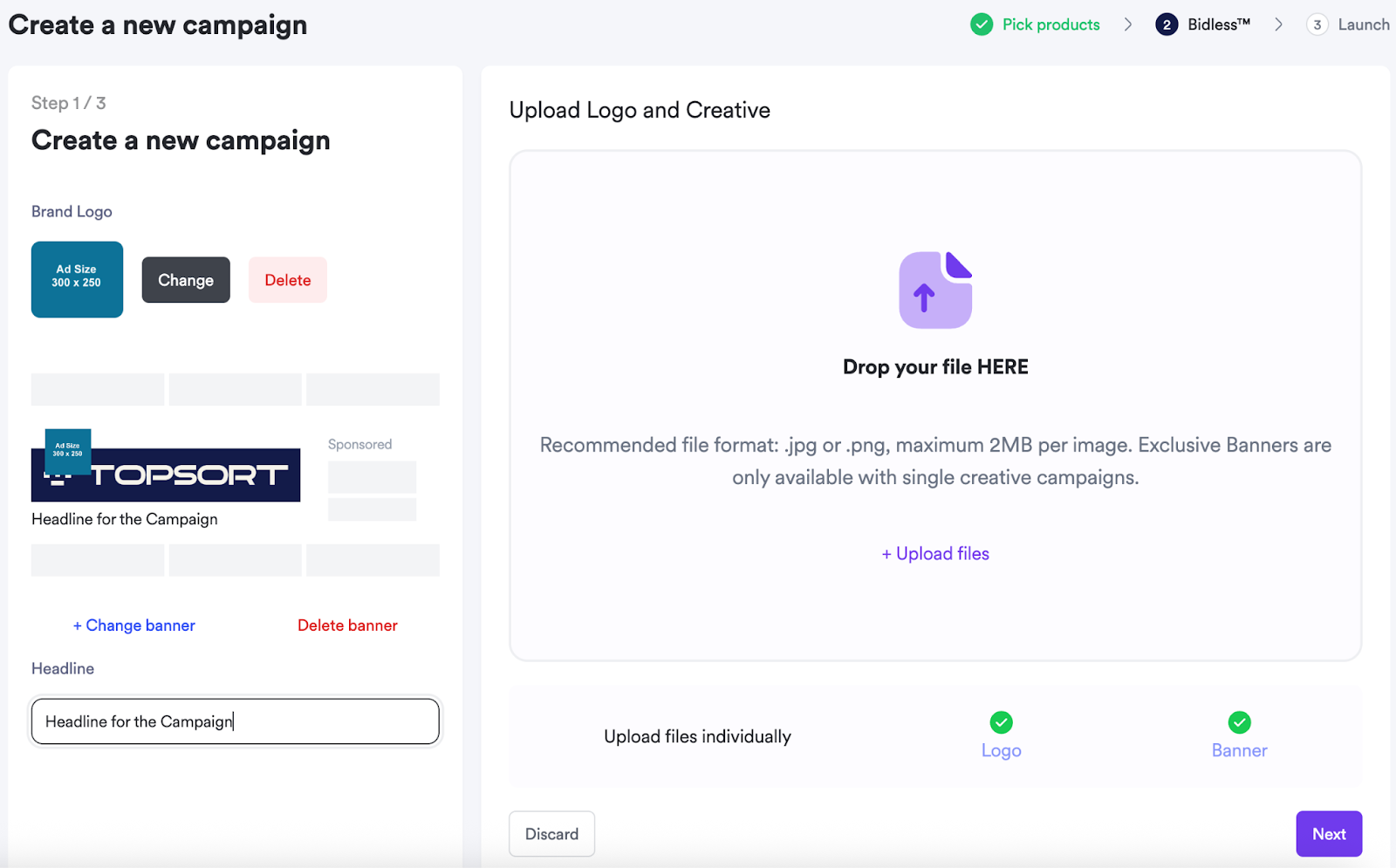 Screenshot of step 2 in sponsored brand creation.