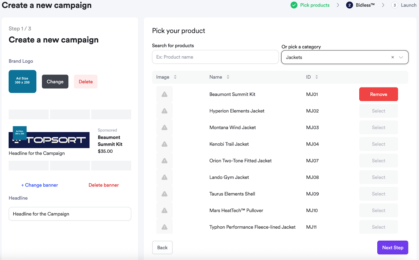 Screenshot of step 3 in sponsored brand creation