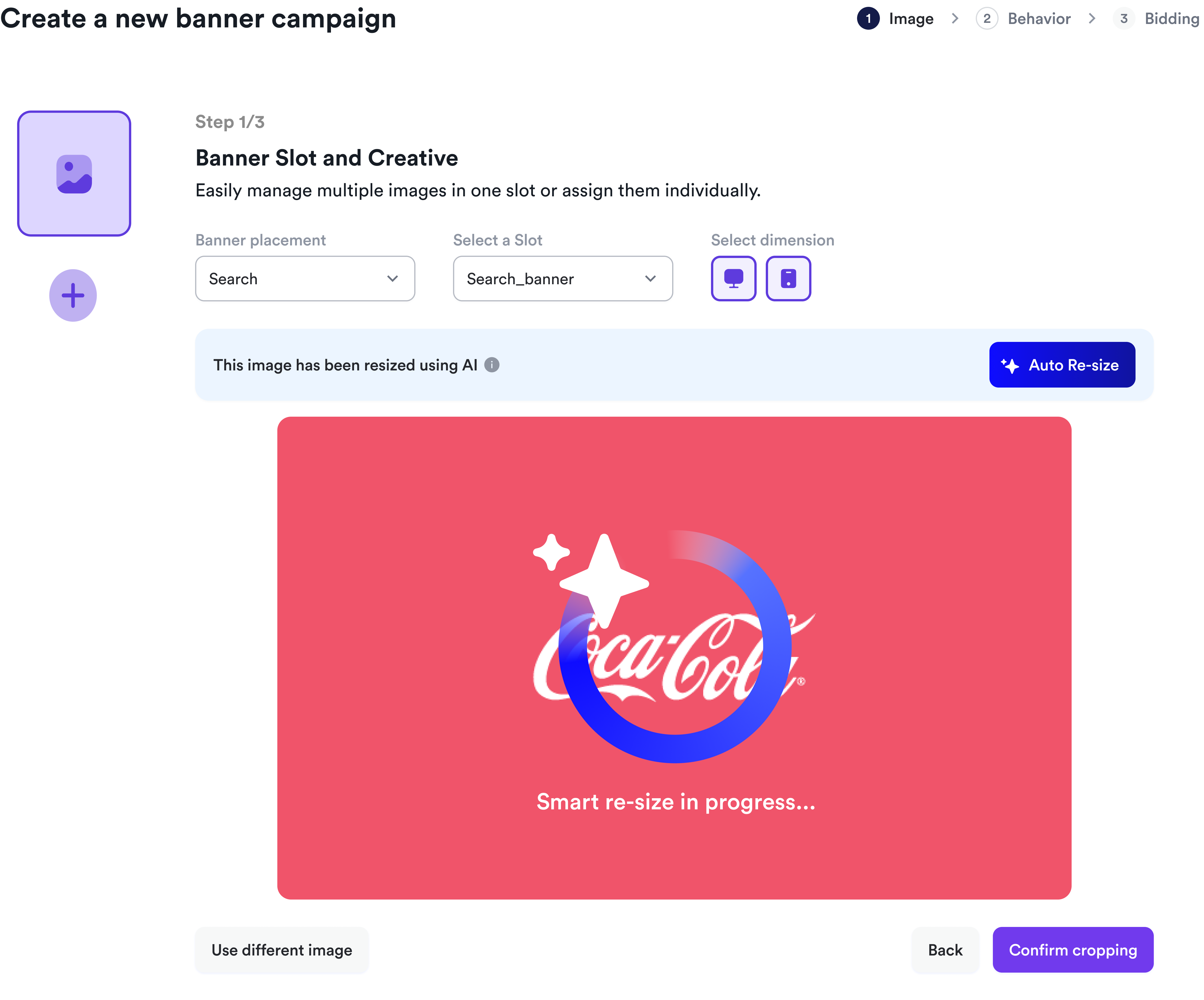 AI resizing interface showing the resized image with options
