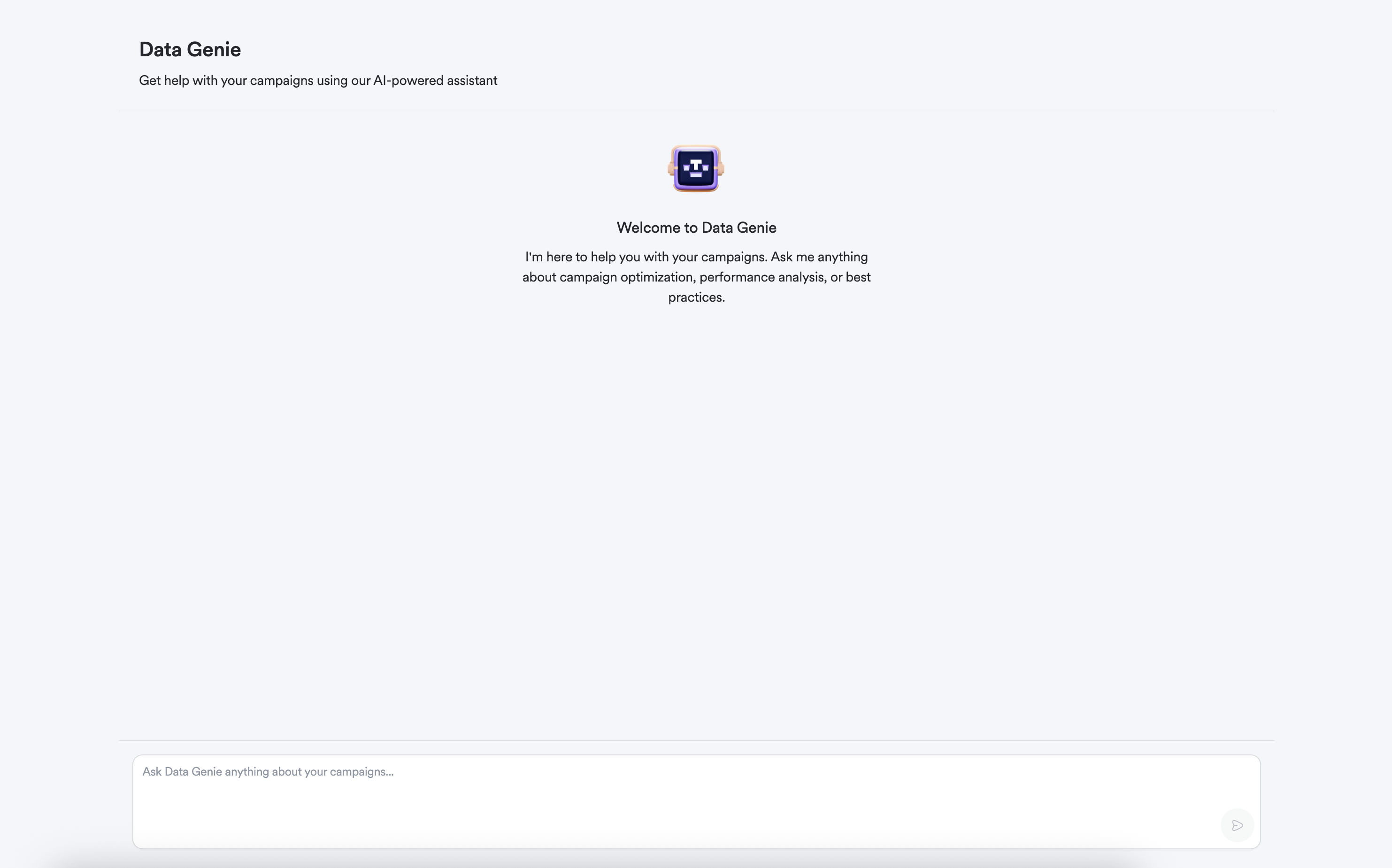 Screenshot of empty data genie chat
