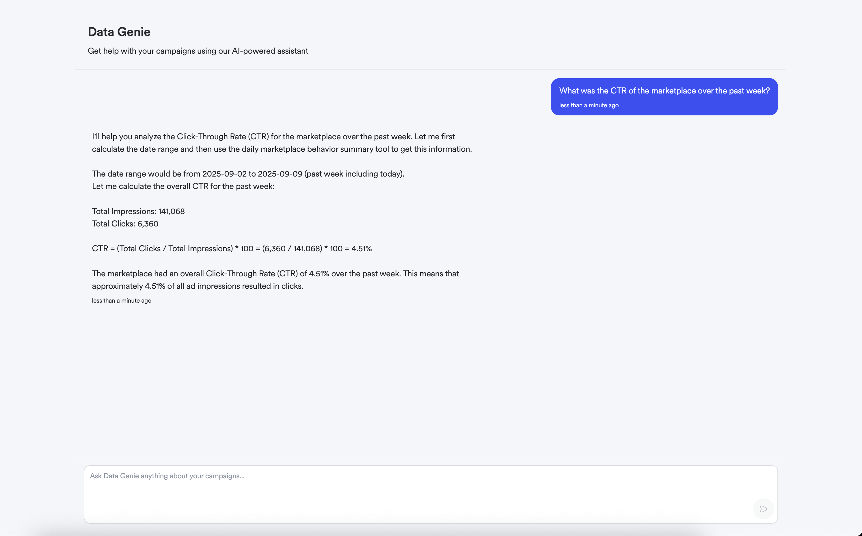 Screenshot of asking data genie a question in chat