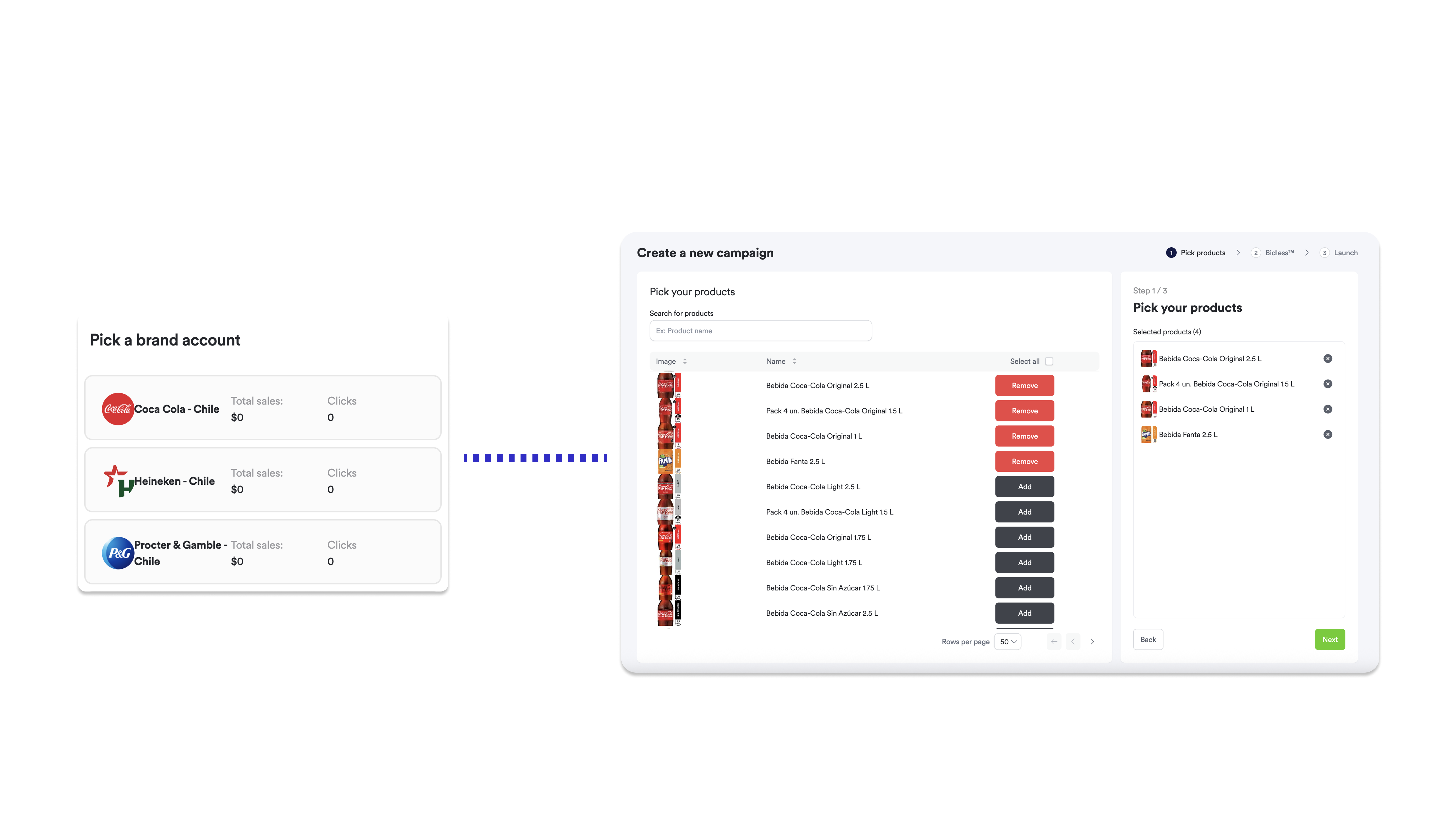 Showcasing brand selection and campaign creation.